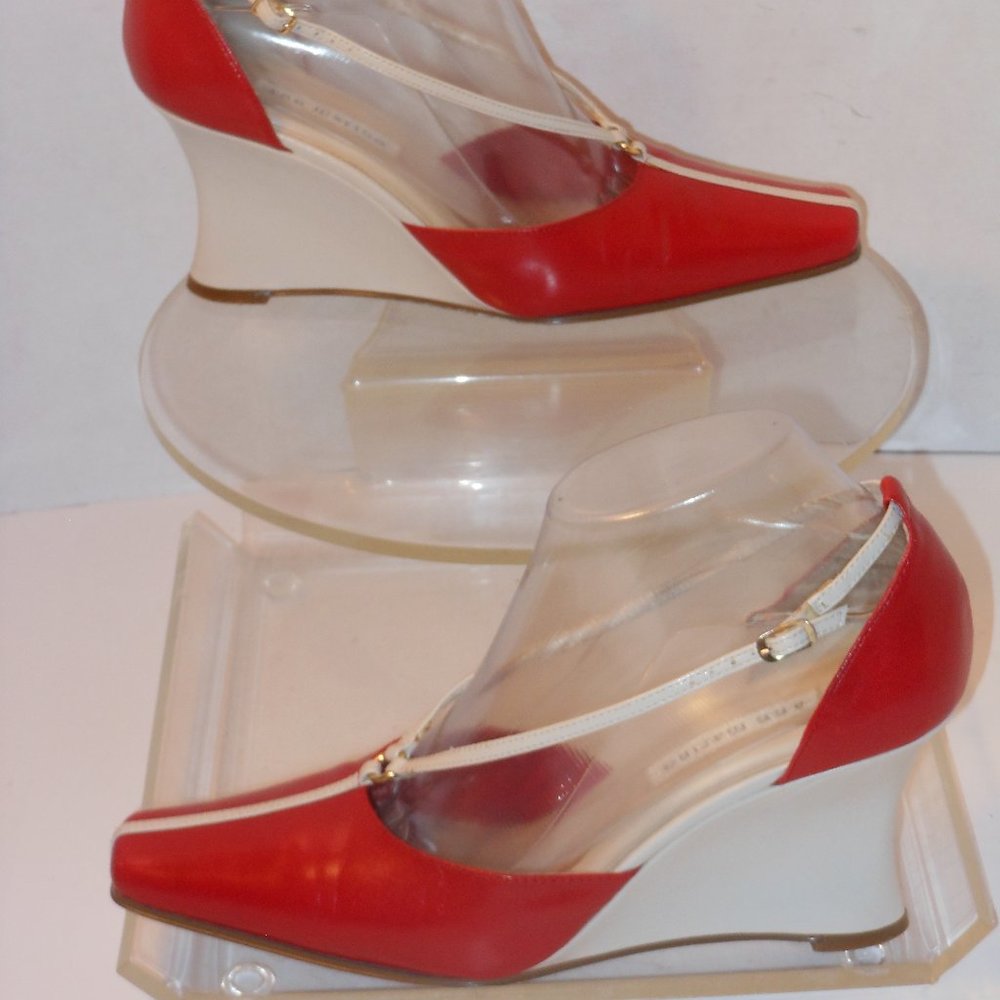 COPY - ANN MARINO RED AND WHITE LEATHER WEDGE HEEL SHOES